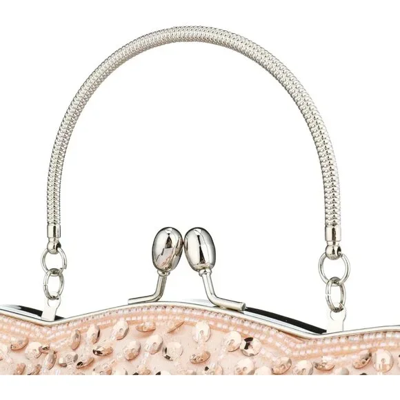 𝅺BEADED Sequin Flower Clutch Bag Champagne - Picture 6 of 8